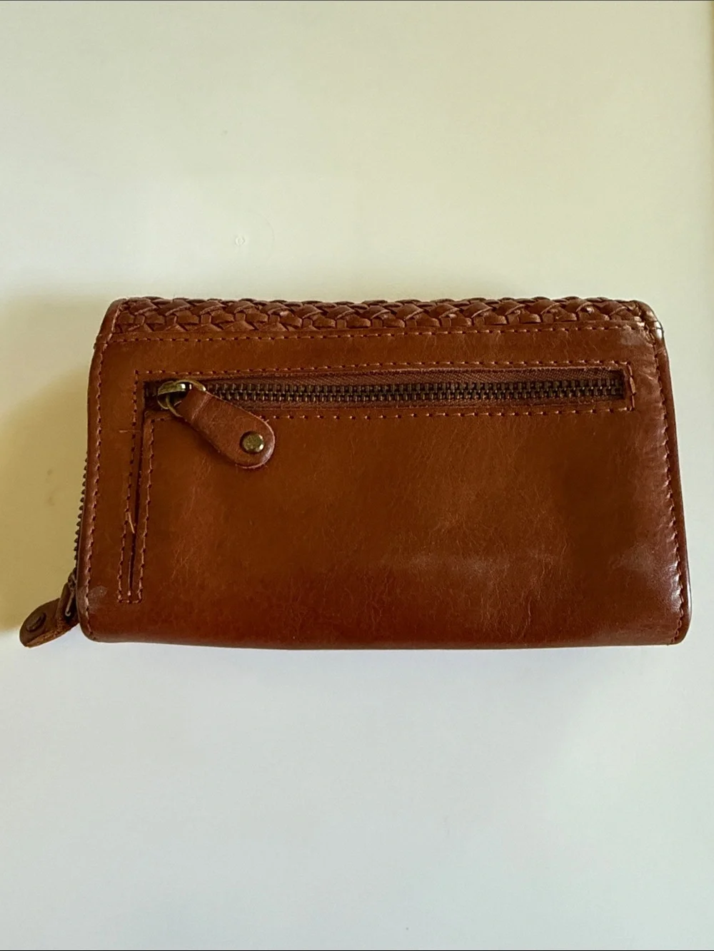 Woven Leather Foldover Wallet — Brown
